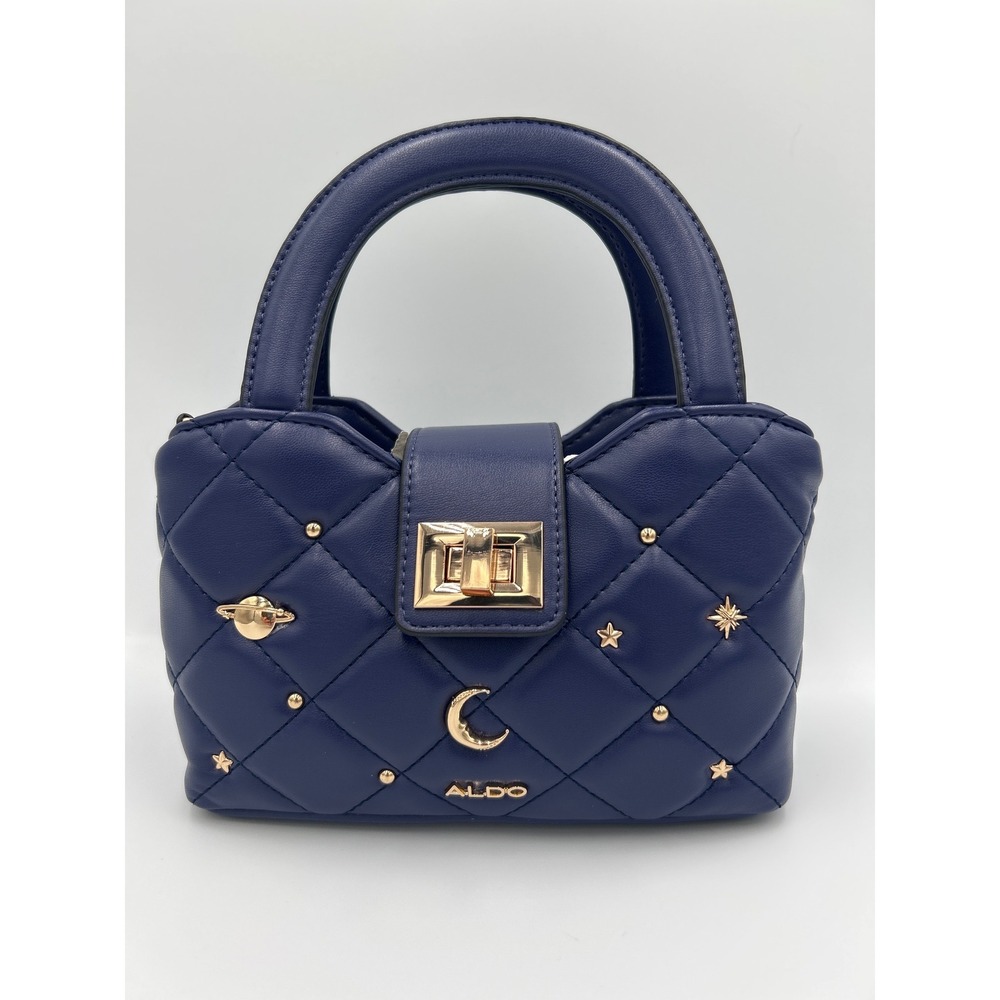 ALDO Quilted Navy Blue Satchel Bag Celestial Moon Star Planet Gold‎ Accents